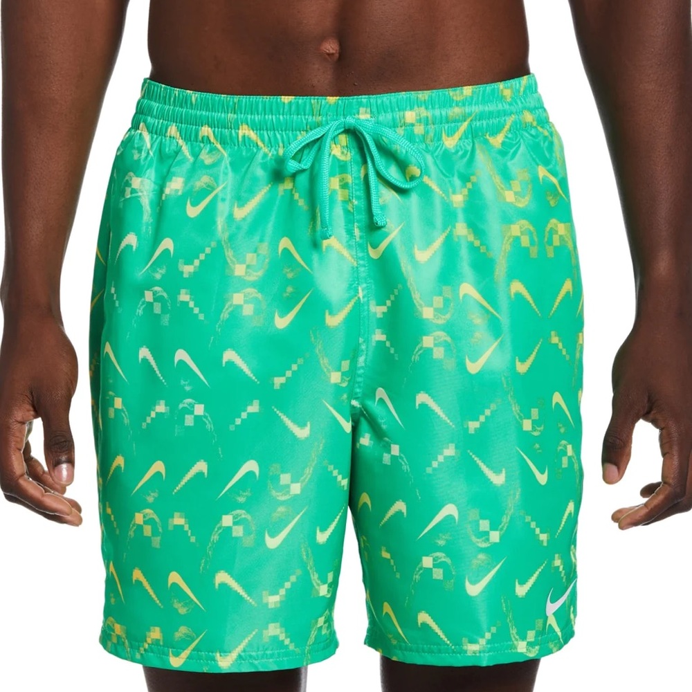 NEW Nike Men's 7" Green Print Swoosh Swim Trunks- Size Small